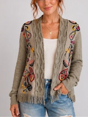Anthropologie Sleeping on Snow Boho Fringe Cardigan Sweater Paisley Floral M